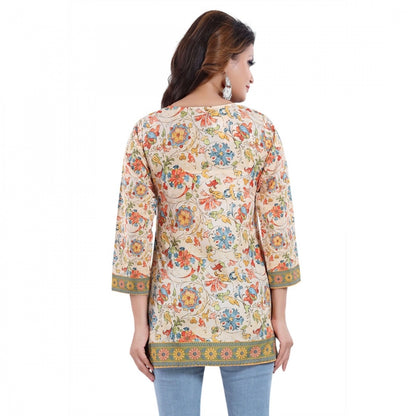 Quarter Sleeve Faux Crepe Printed Short Kurti Tunic Top (Color:Multicolor)