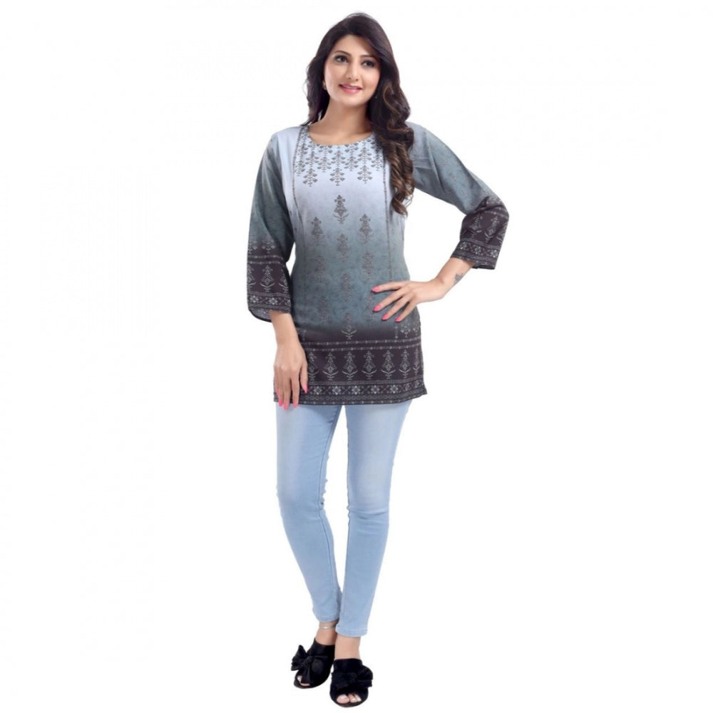 Quarter Sleeve Faux Crepe Printed Short Kurti Tunic Top (Color:Grey)