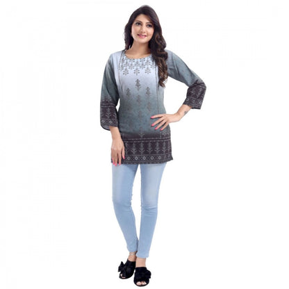 Quarter Sleeve Faux Crepe Printed Short Kurti Tunic Top (Color:Grey)