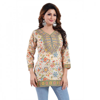 Quarter Sleeve Faux Crepe Printed Short Kurti Tunic Top (Color:Multicolor)