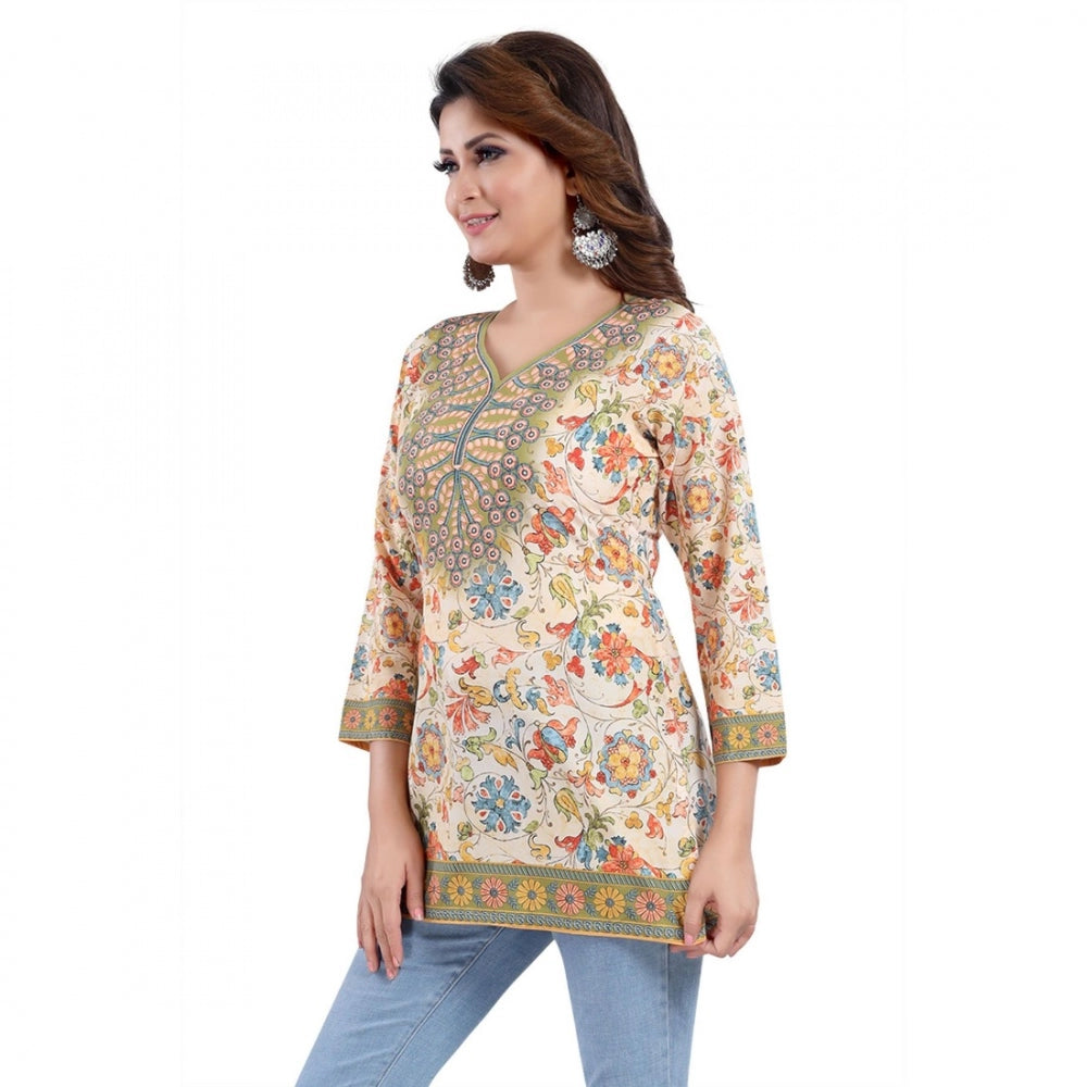 Quarter Sleeve Faux Crepe Printed Short Kurti Tunic Top (Color:Multicolor)