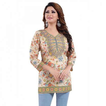 Quarter Sleeve Faux Crepe Printed Short Kurti Tunic Top (Color:Multicolor)