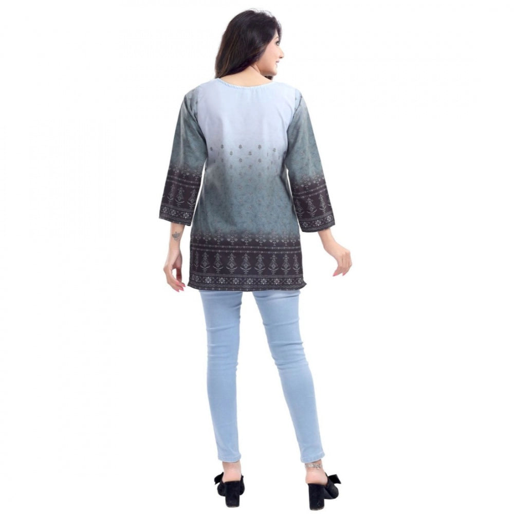 Quarter Sleeve Faux Crepe Printed Short Kurti Tunic Top (Color:Grey)