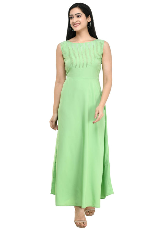 Crepe Embellished Partywear Pista Green Maxi Dress