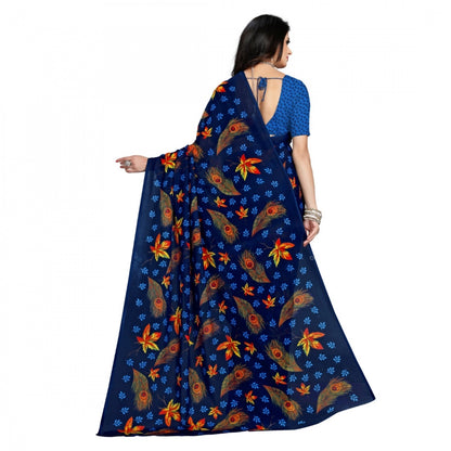 Faux Georgette Saree With Blouse (Blue, 5-6Mtrs)