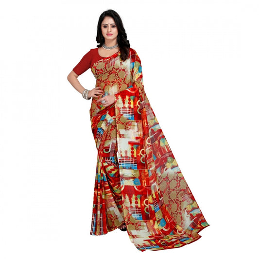 Faux Georgette Saree With Blouse (Red, 5-6Mtrs)