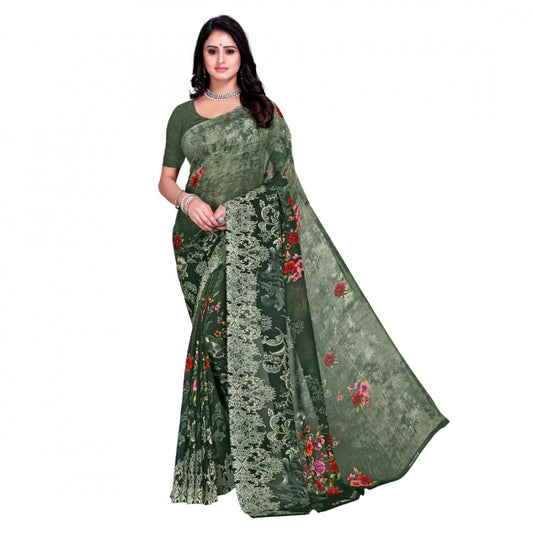 Faux Georgette Saree With Blouse (Green, 5-6Mtrs)