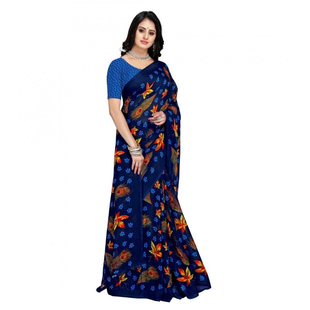 Faux Georgette Saree With Blouse (Blue, 5-6Mtrs)