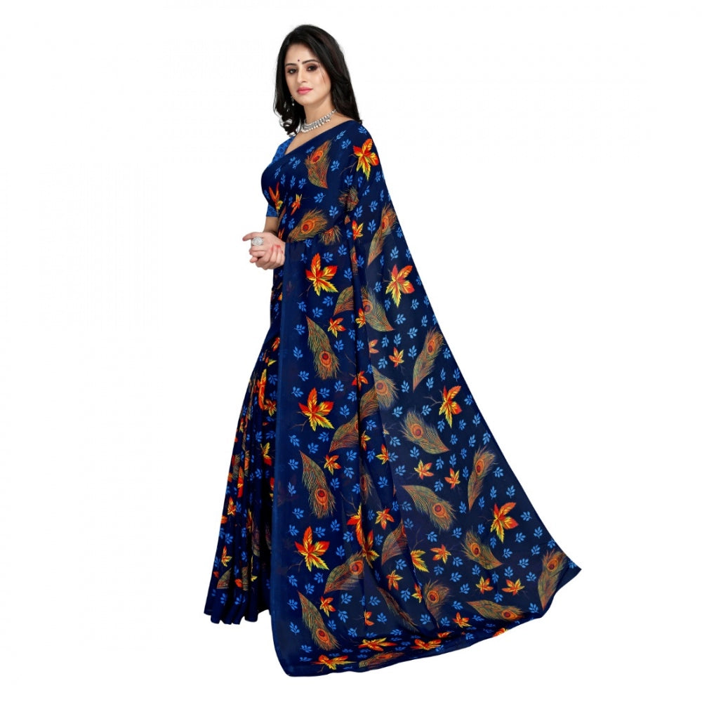 Faux Georgette Saree With Blouse (Blue, 5-6Mtrs)