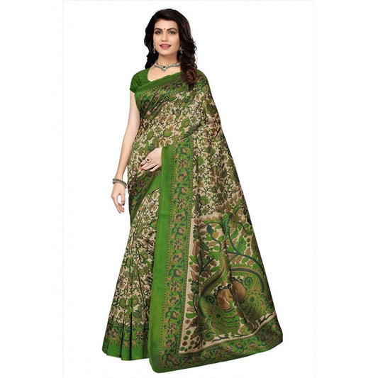 Art Silk Saree With Blouse (Green, 5-6mtrs)