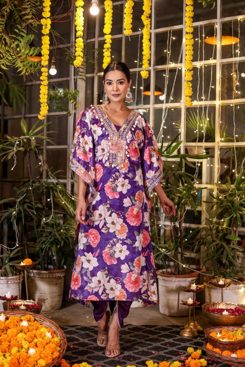 Pure Chinon fabric kaftan with tulip pant Embroidery Handwork & Lace Detailing