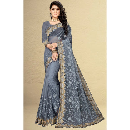 Net Saree With Blouse (Grey, 5-6Mtrs)