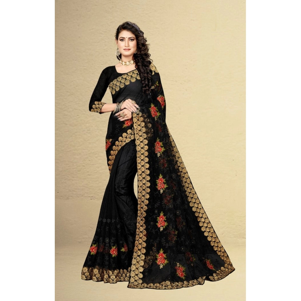 Net Saree With Blouse (Black, 5-6Mtrs)