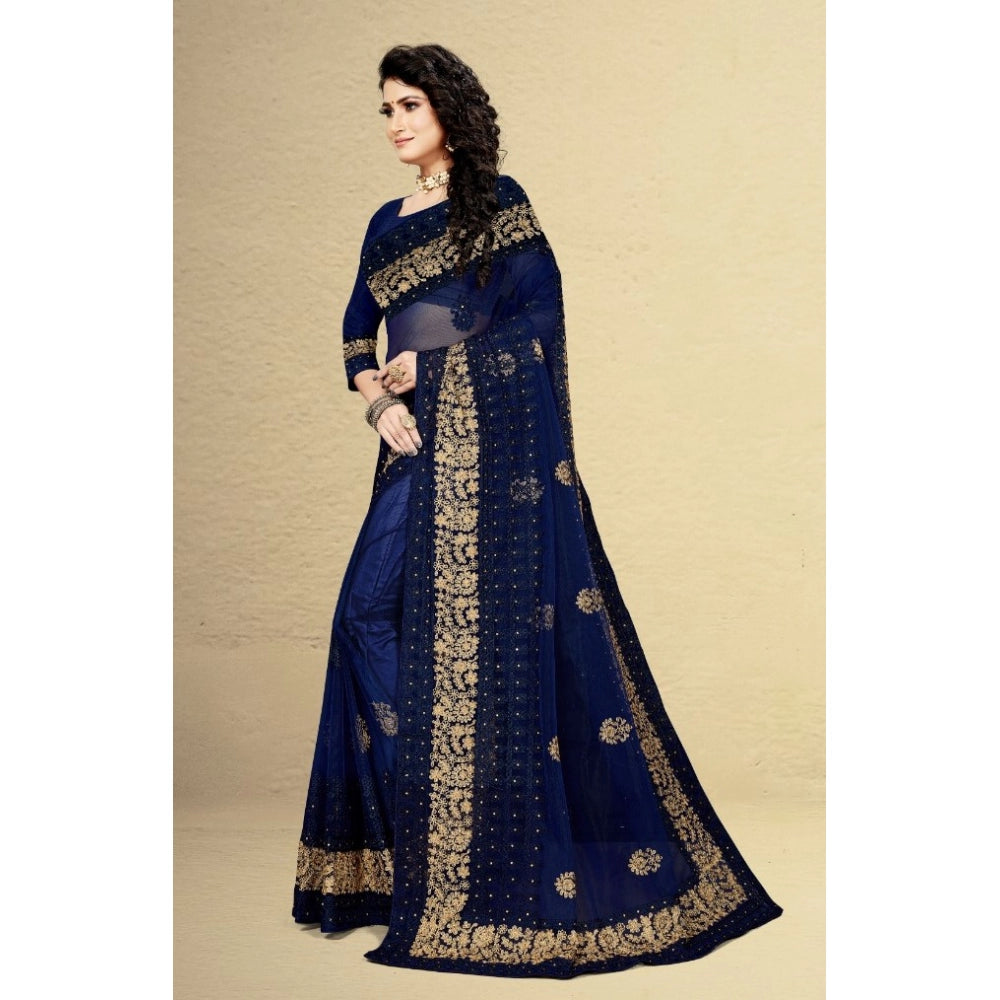 Net Saree With Blouse (Navy Blue, 5-6Mtrs)