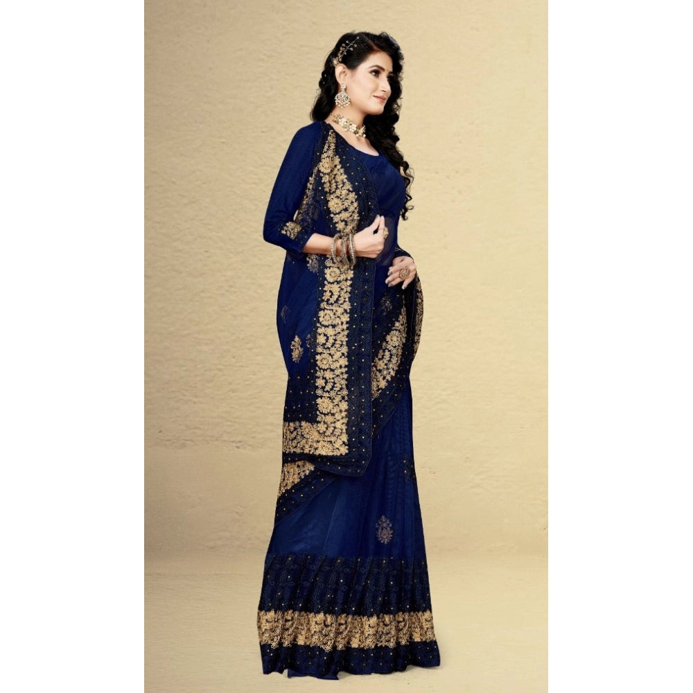 Net Saree With Blouse (Navy Blue, 5-6Mtrs)