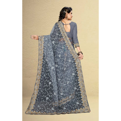 Net Saree With Blouse (Grey, 5-6Mtrs)