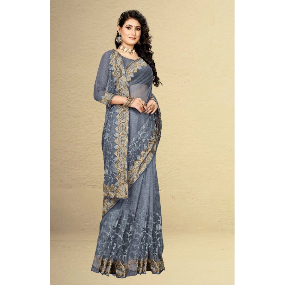 Net Saree With Blouse (Grey, 5-6Mtrs)