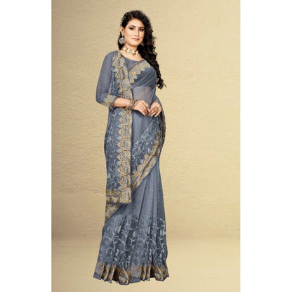 Net Saree With Blouse (Grey, 5-6Mtrs)