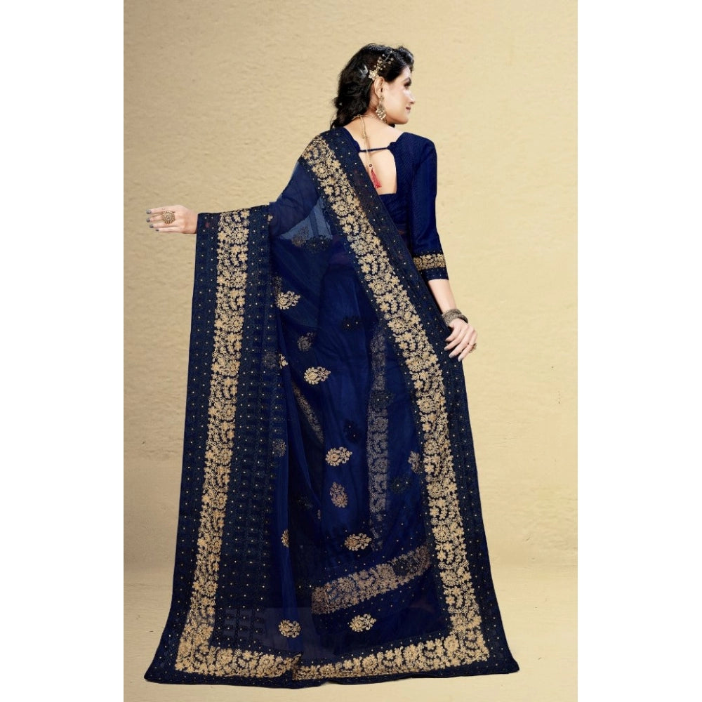 Net Saree With Blouse (Navy Blue, 5-6Mtrs)