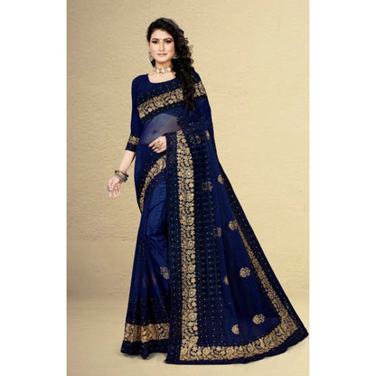 Net Saree With Blouse (Navy Blue, 5-6Mtrs)