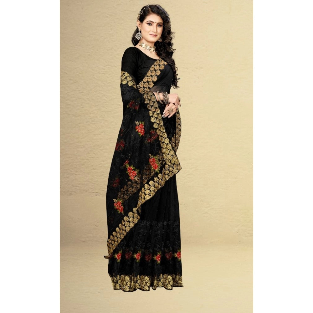 Net Saree With Blouse (Black, 5-6Mtrs)