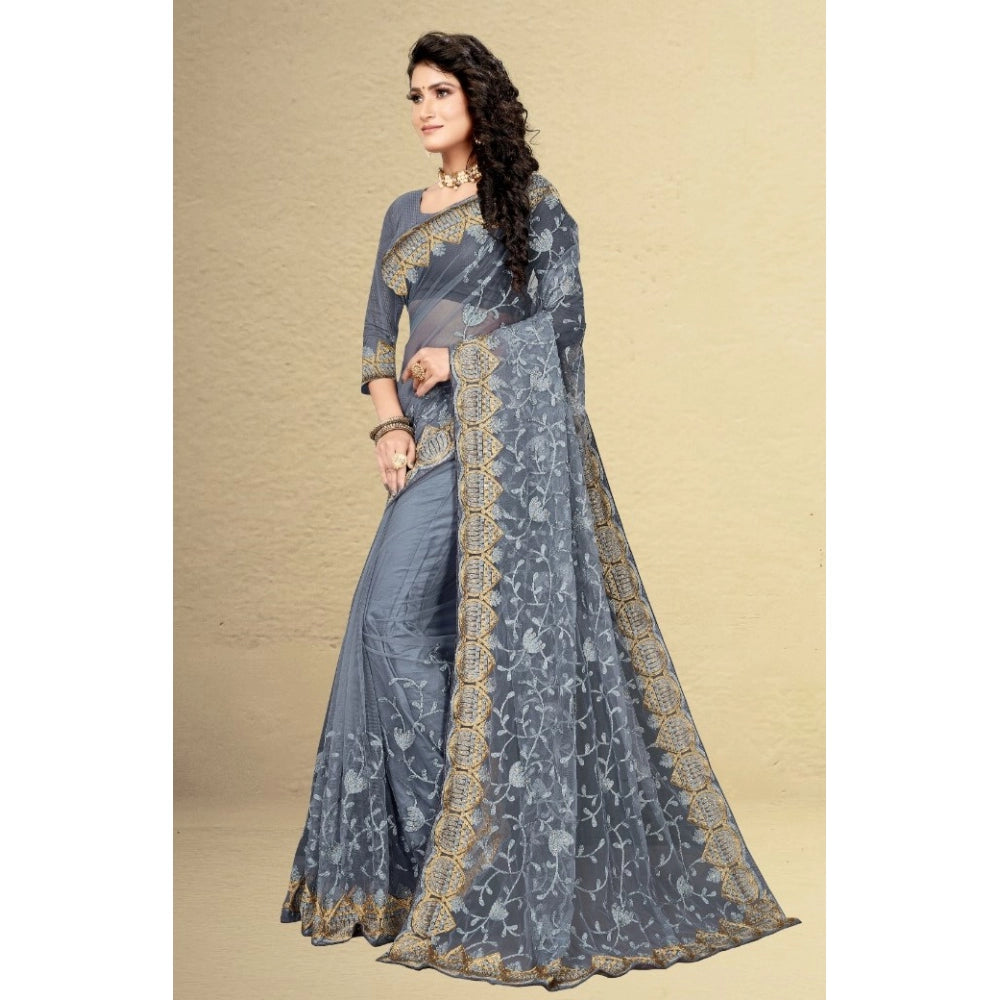 Net Saree With Blouse (Grey, 5-6Mtrs)