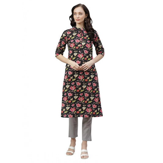 Cotton Printed Straight Kurti (Black, Cotton)