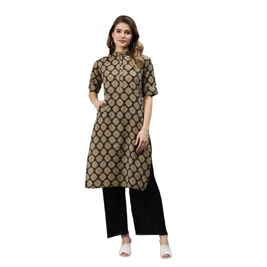 Cotton Printed Straight Fit Kurti (Black, Cotton)