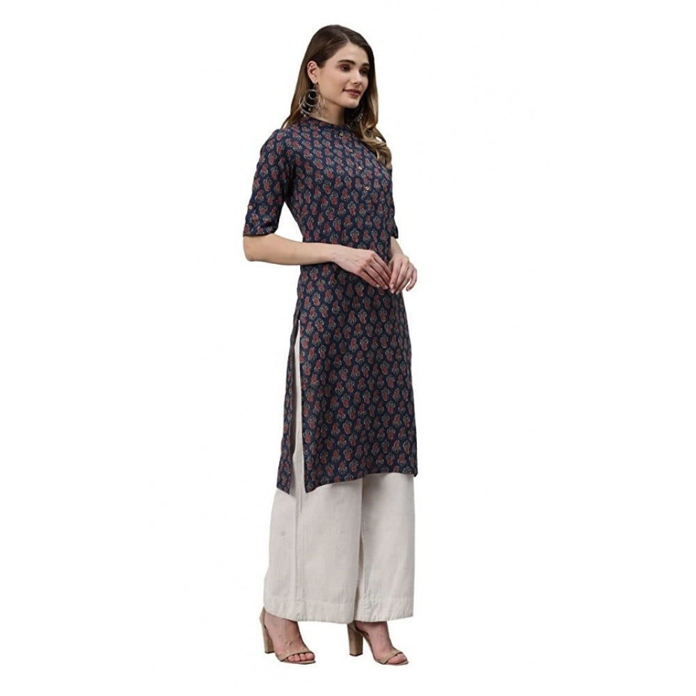 Cotton Printed Straight Kurti (Navy Blue, Cotton)