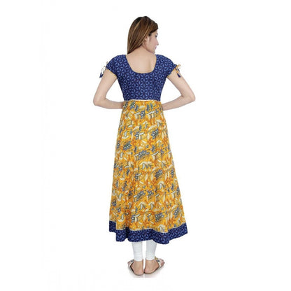 Cotton Printed Long Kurti (Mustard, Blue, Cotton)