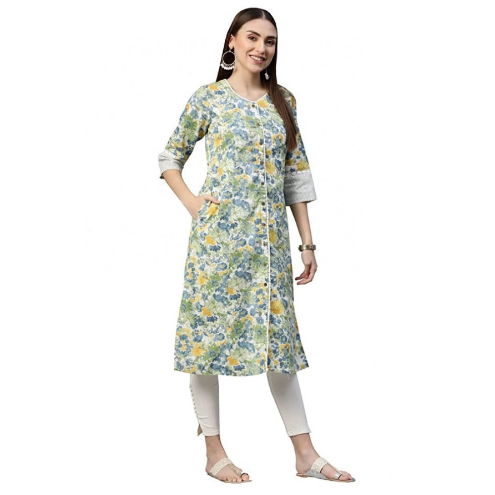 Cotton Printed  Straight Kurti (White, Green, Cotton)