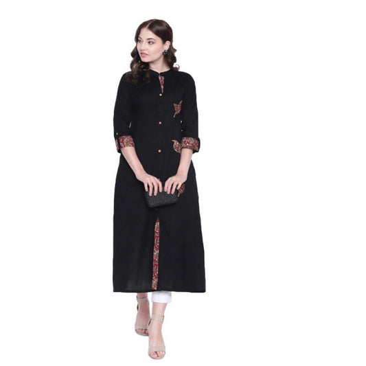 Khadi Printed A Line Kurti  (Black, Khadi)