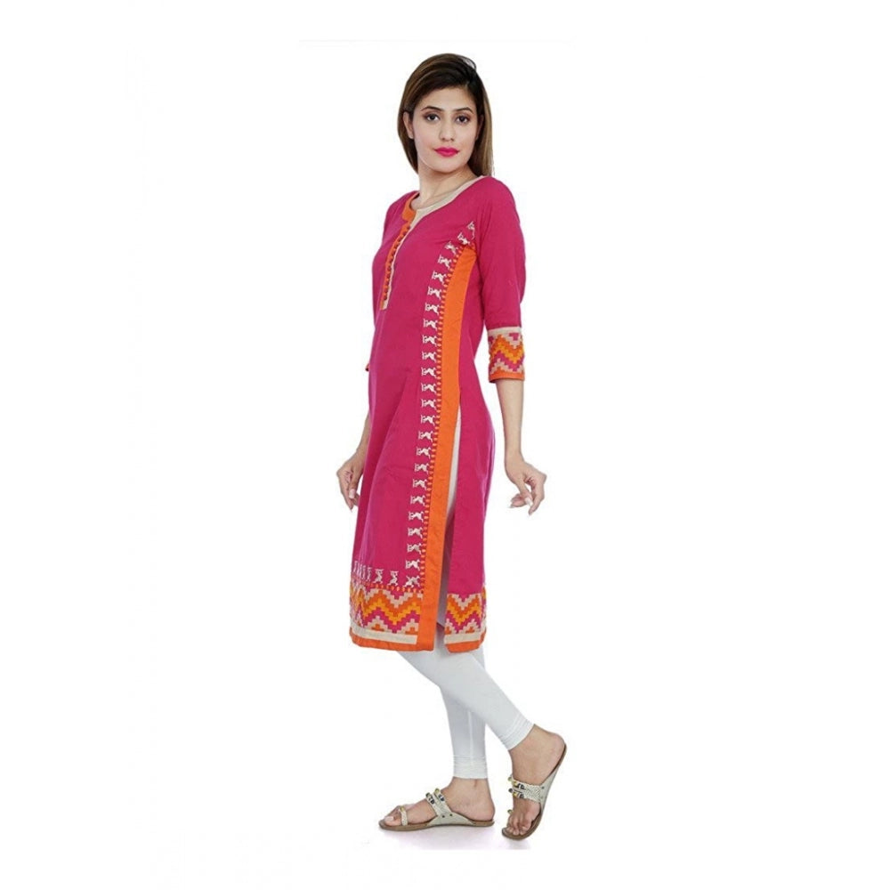 Cotton Embroidered Straight Kurti (Pink, Cotton)