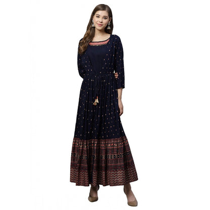 Rayon Printed Viscose Regular Kurti (Navy Blue, Rayon)