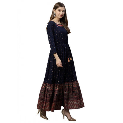 Rayon Printed Viscose Regular Kurti (Navy Blue, Rayon)