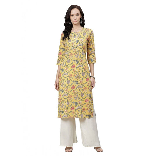 Cotton Printed Straight Kurti (Yellow, Cotton)