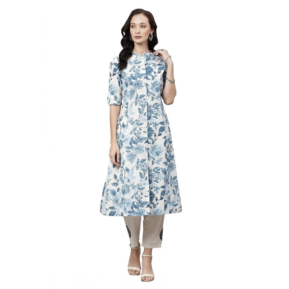 Cotton Printed Floral Print Kurti (White, Blue, Cotton)