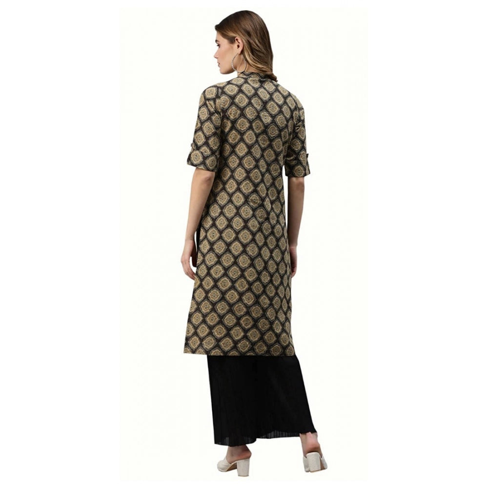 Cotton Printed Straight Fit Kurti (Black, Cotton)