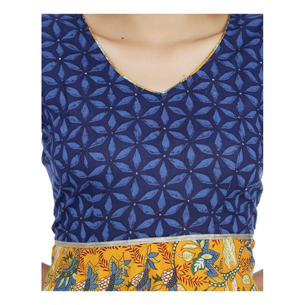 Cotton Printed Long Kurti (Mustard, Blue, Cotton)