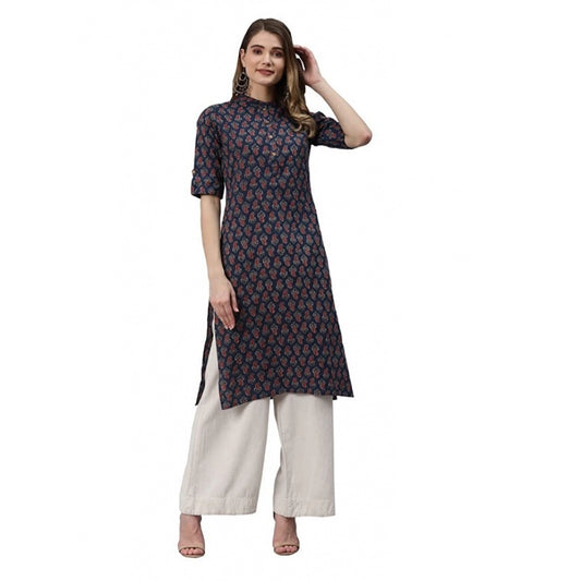 Cotton Printed Straight Kurti (Navy Blue, Cotton)