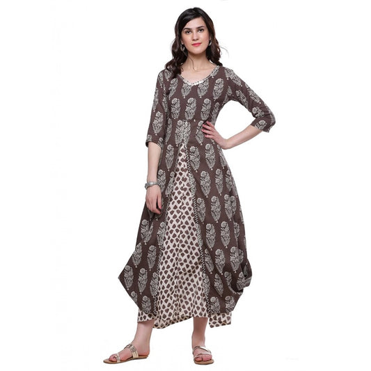 Cotton Printed Long Kurti (Brown, Cotton)