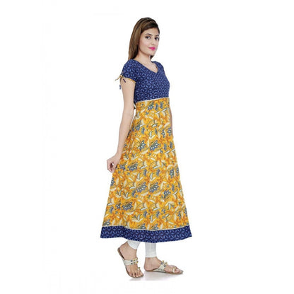 Cotton Printed Long Kurti (Mustard, Blue, Cotton)