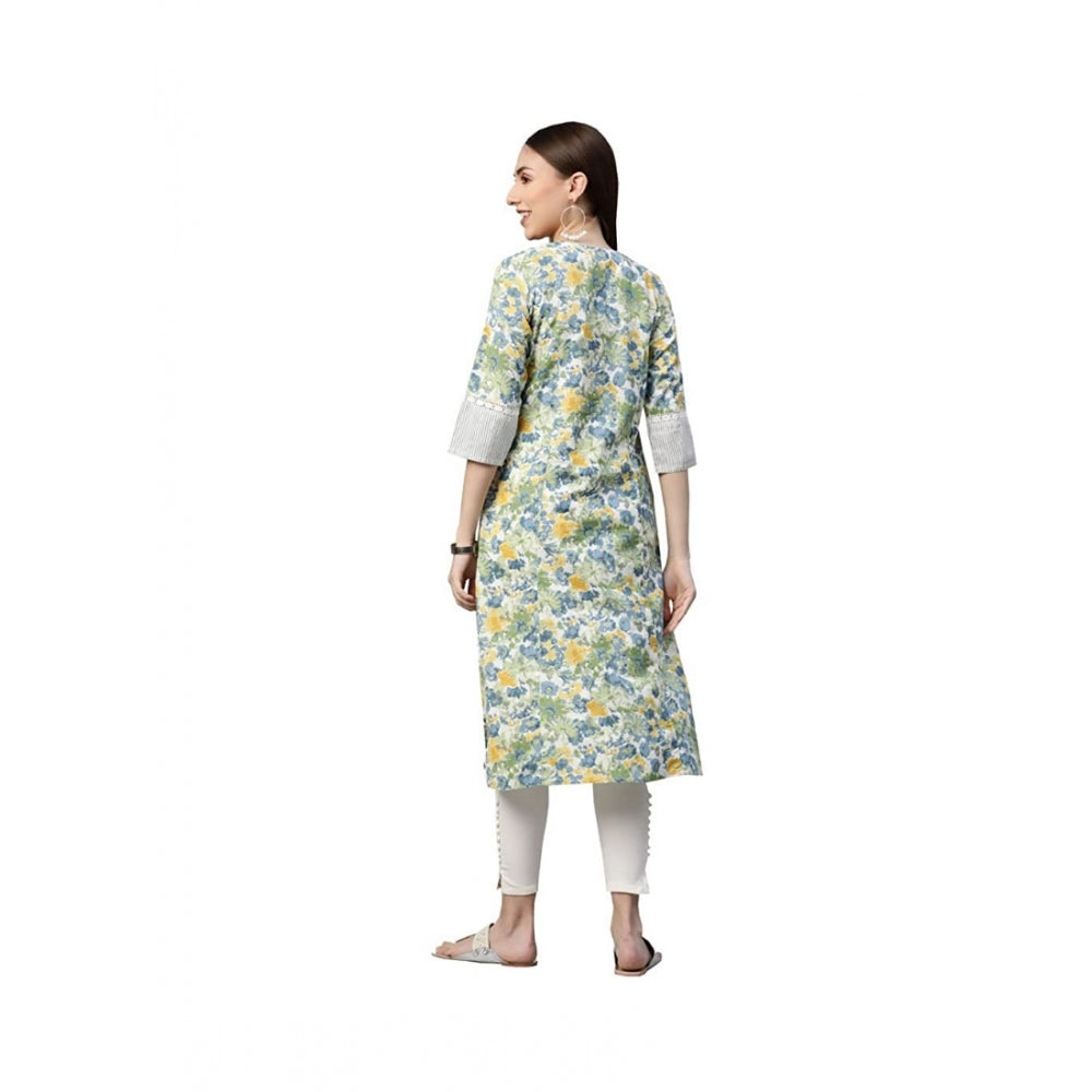 Cotton Printed  Straight Kurti (White, Green, Cotton)