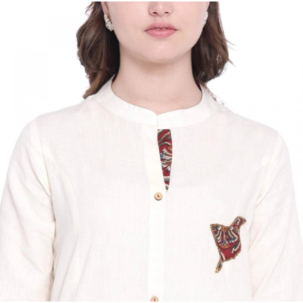 Khadi Printed A Line Kurti  (Off White, Khadi)