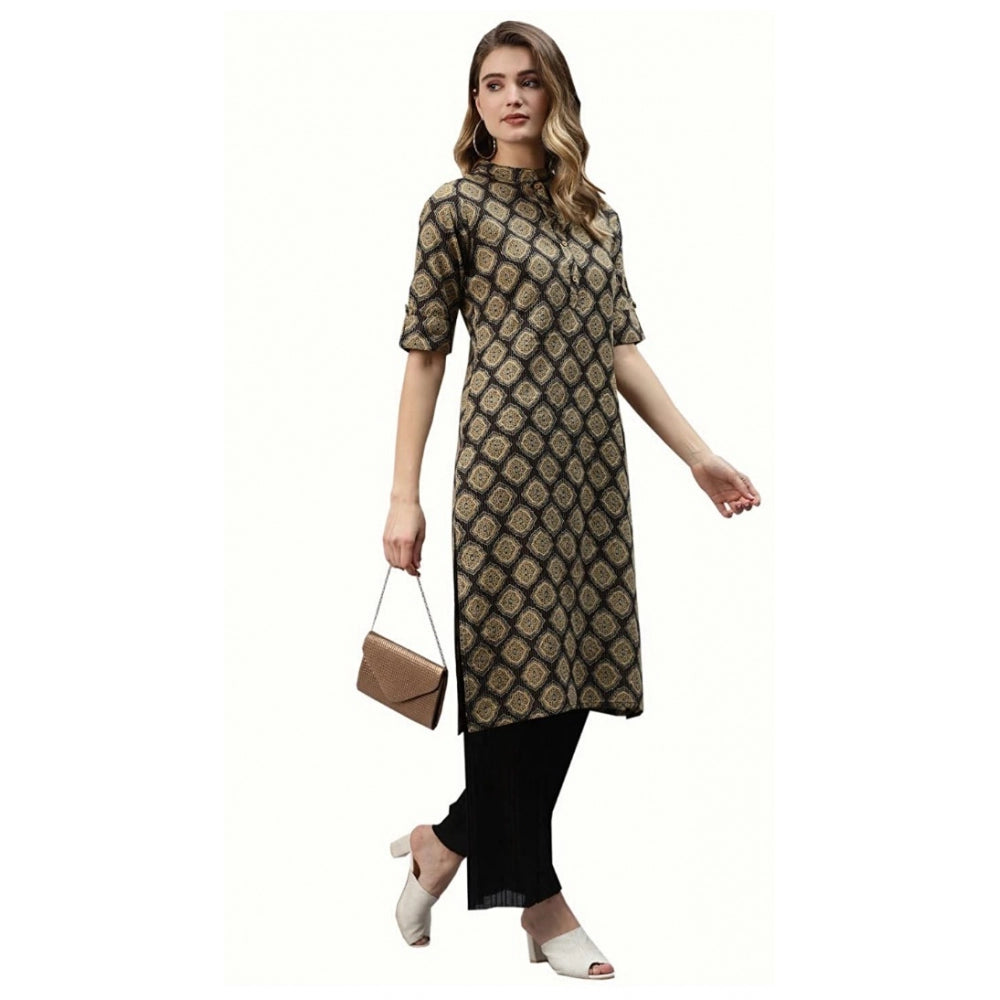 Cotton Printed Straight Fit Kurti (Black, Cotton)