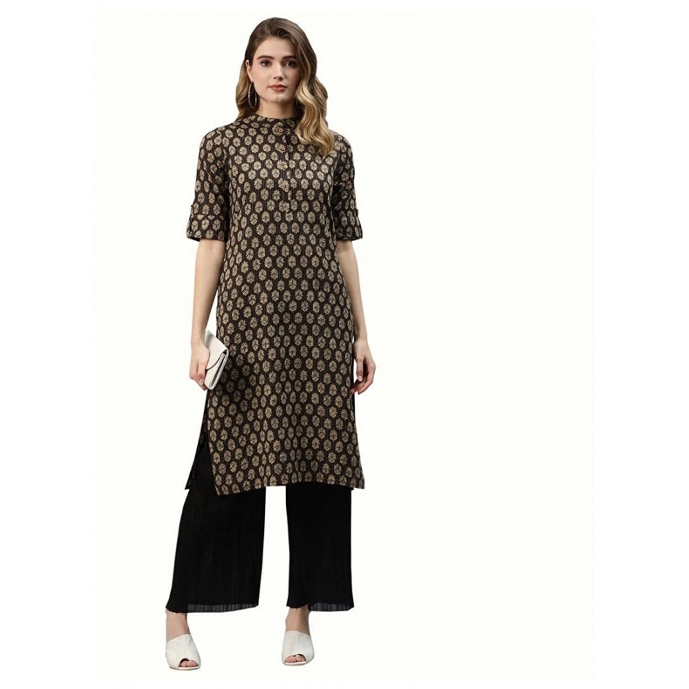 Cotton Printed Straight Kurti (Black, Cotton)