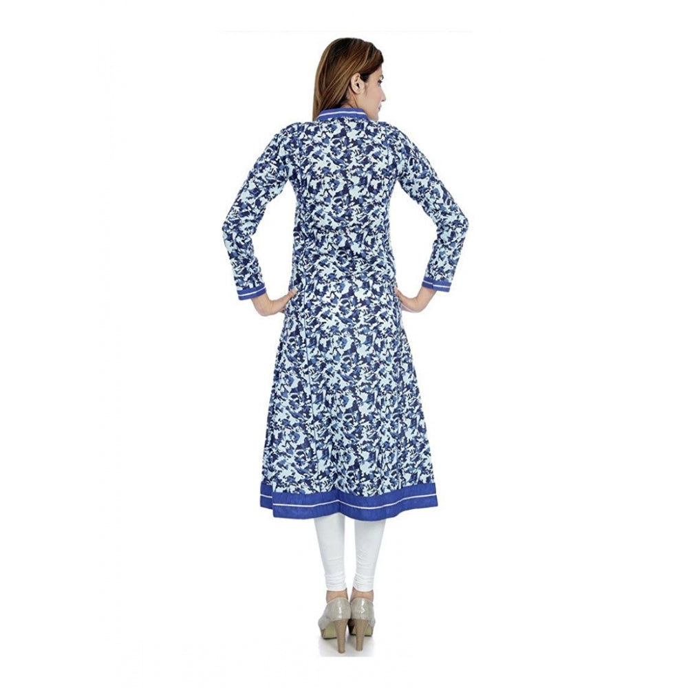 Cotton Printed Long Kurti (White, Blue, Cotton)