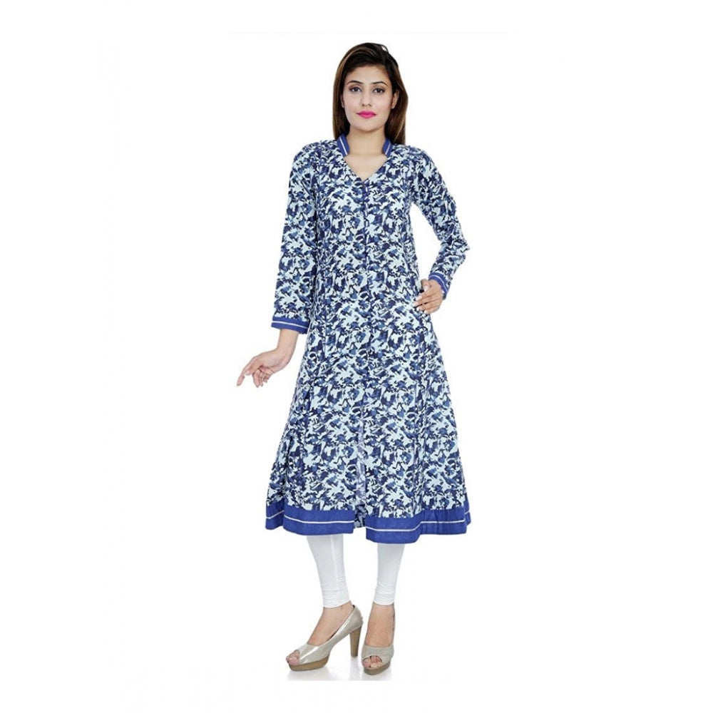 Cotton Printed Long Kurti (White, Blue, Cotton)