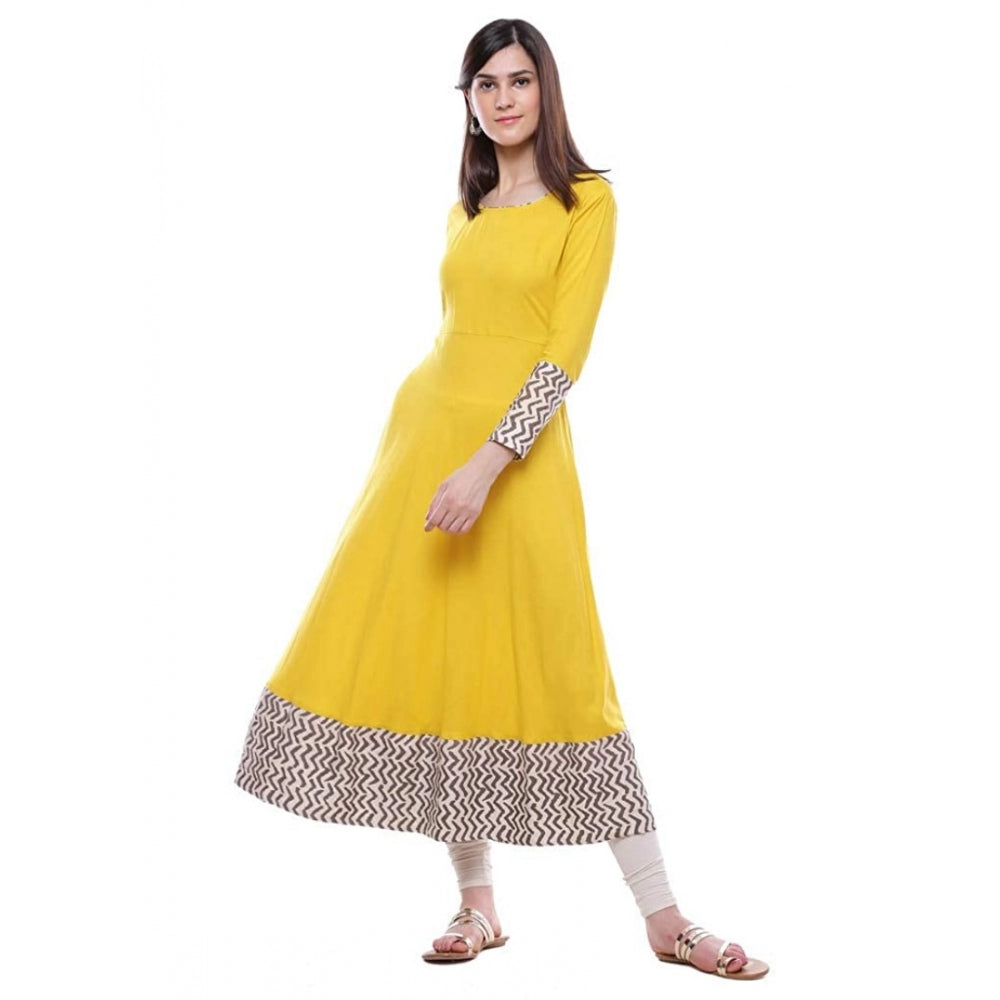 Rayon Printed Solid Anarkali Kurti (Yellow, Rayon)