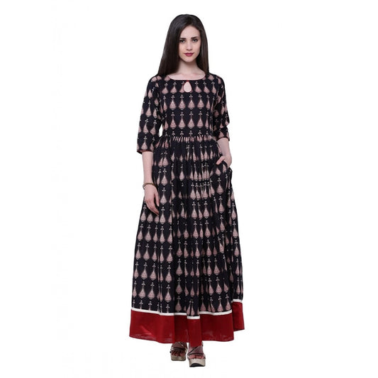 Cotton Printed Anarkali Kurti (Black, Cotton)